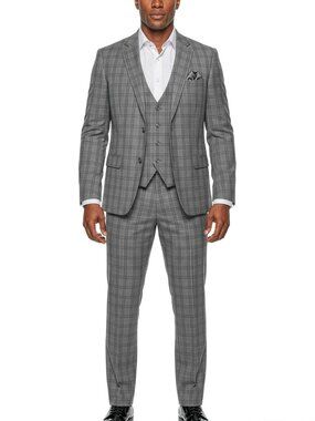 Grey Windowpane Plaid Notch Lapel 3 Piece Men's Suit